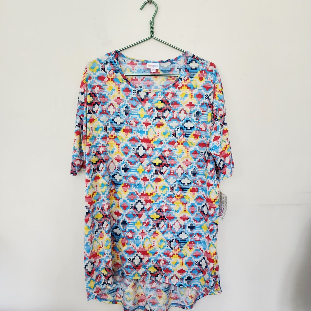 LuLaRoe Irma Tunic Top Womens Medium Multi-Color Geometric Aztec High Low Hem